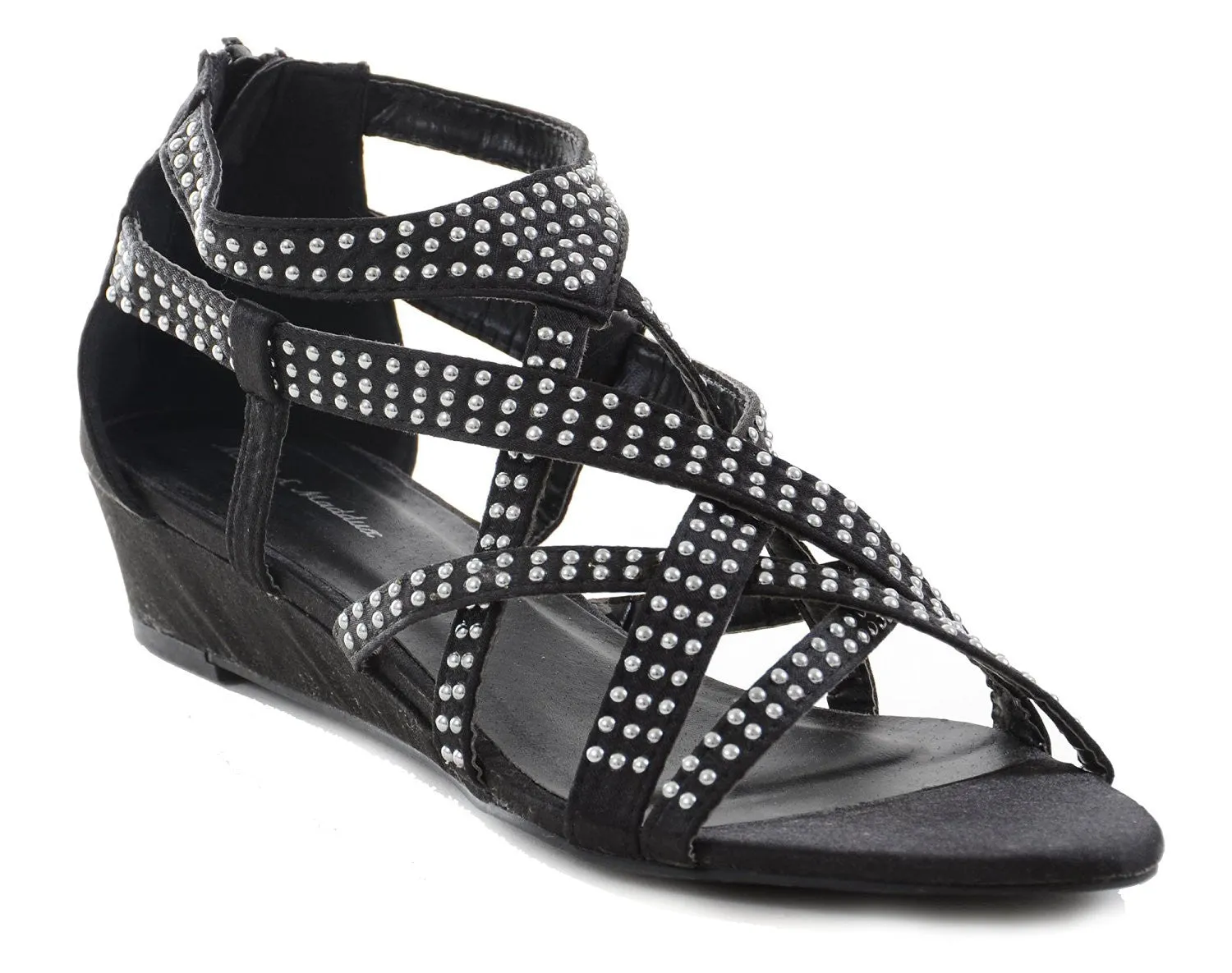 Black Satin Bling Strappy Gladiator Evening Wedge Sandals