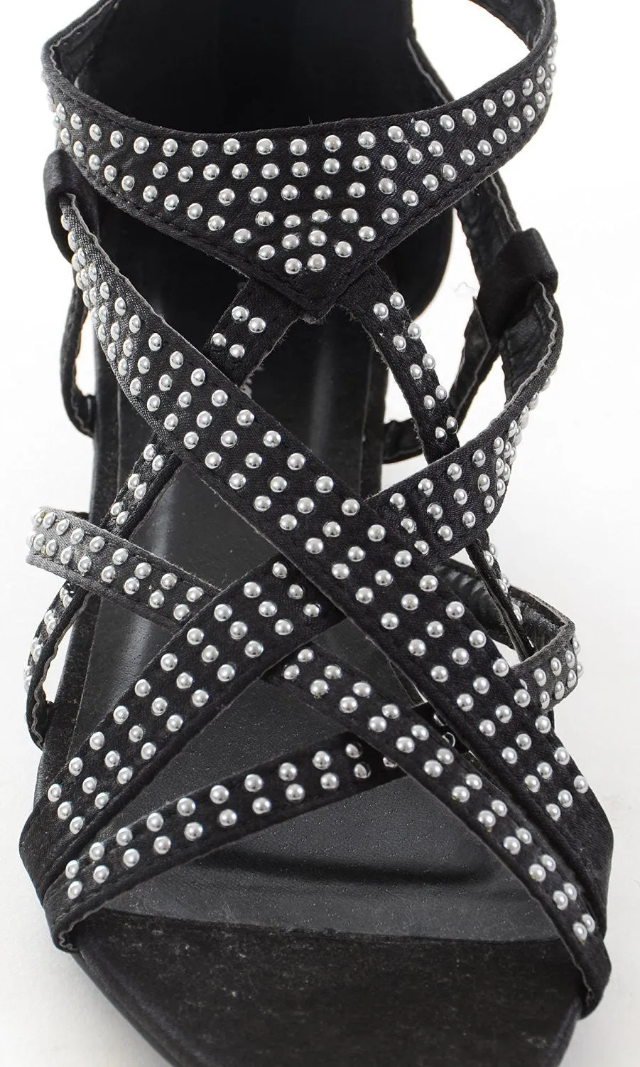 Black Satin Bling Strappy Gladiator Evening Wedge Sandals