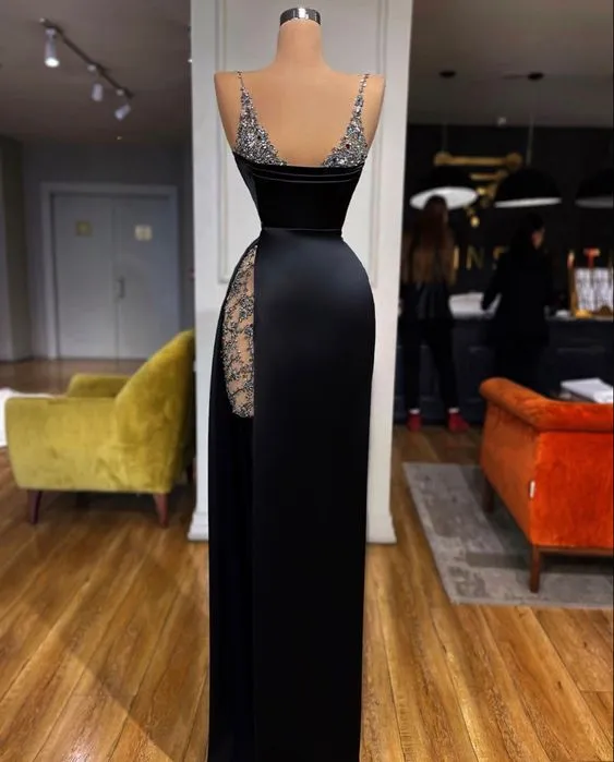 Black Sexy Beaded Straps Long Prom Dress Evening Party Dress with Slit,DP841