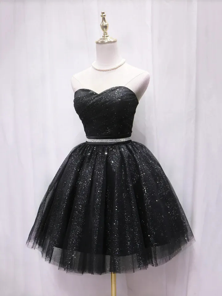 Black Shiny Sweetheart Strapless Homecoming Dress Mini Party DressDP1717