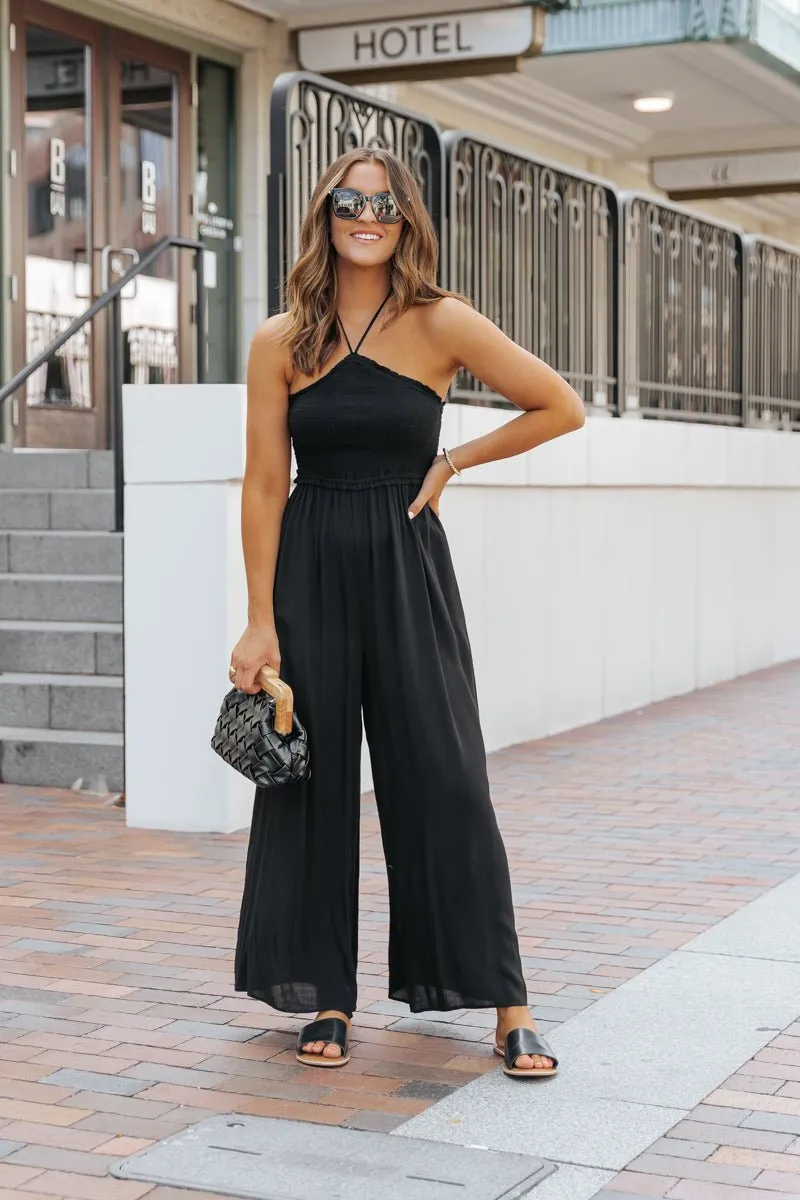 Black Smocked Halter Wide Leg Jumpsuit - FINAL SALE