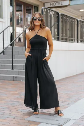 Black Smocked Halter Wide Leg Jumpsuit - FINAL SALE