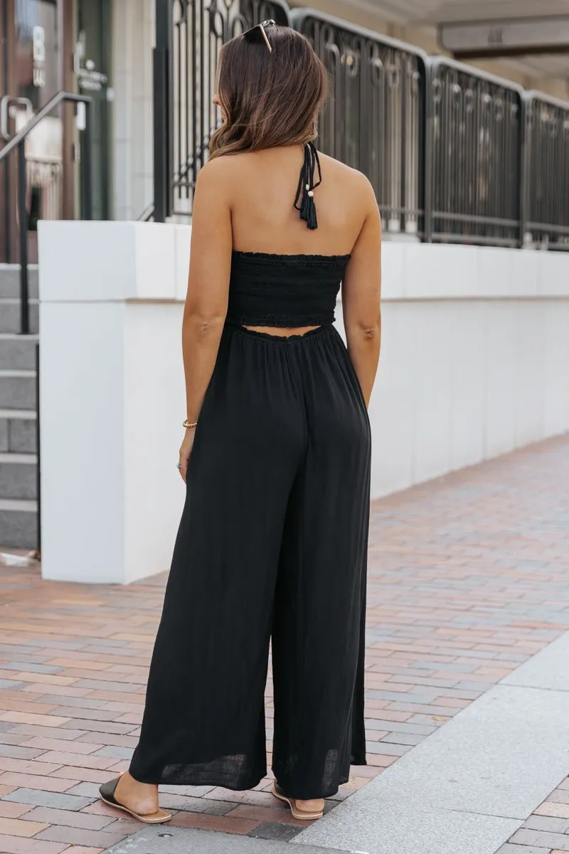 Black Smocked Halter Wide Leg Jumpsuit - FINAL SALE