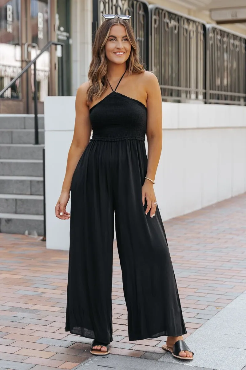 Black Smocked Halter Wide Leg Jumpsuit - FINAL SALE