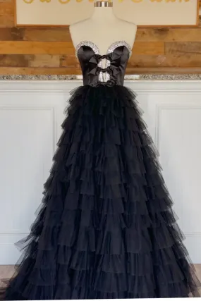 Black Sweetheart A-Line Tulle Tiered Beading Long Party Dress Evening Gown,DP1266