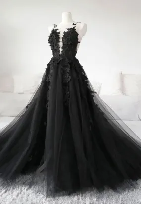 Black Tulle Lace Long Prom Dress Formal Party Dress Graduation Dress,DP586