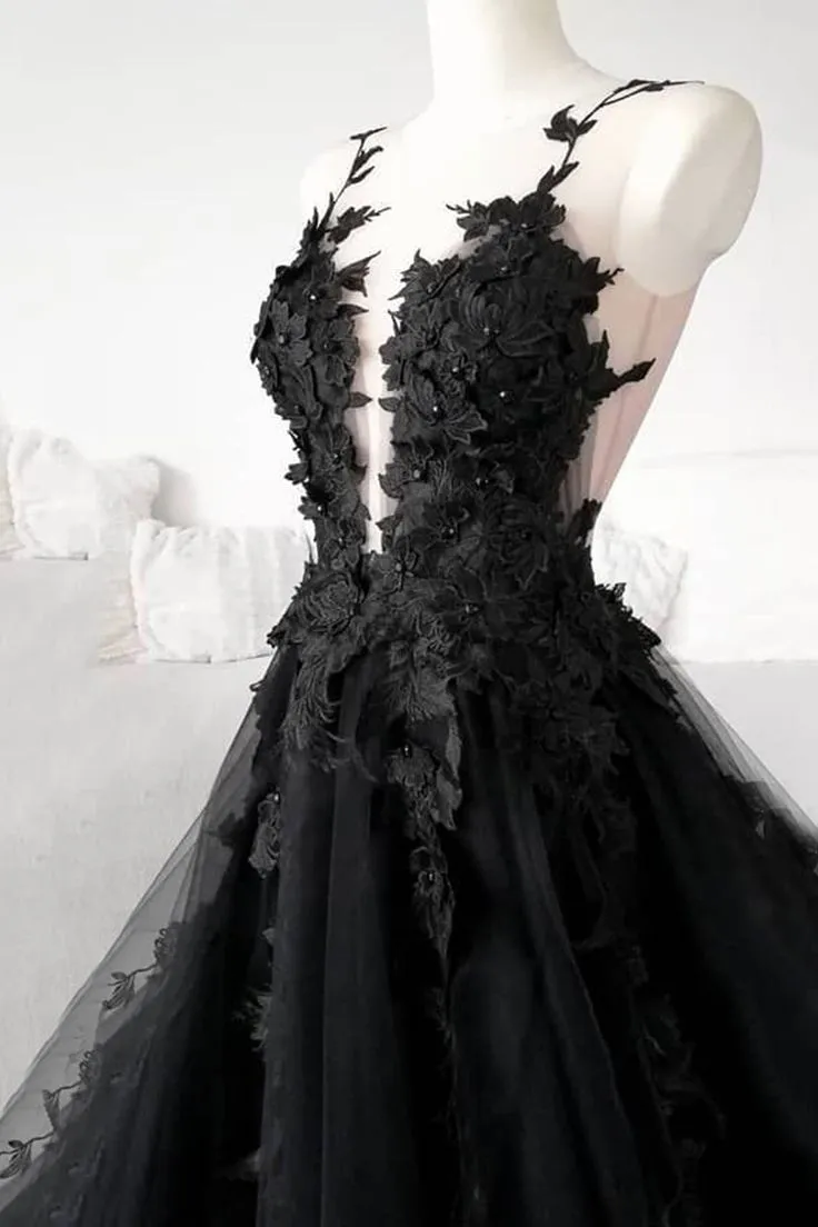 Black Tulle Lace Long Prom Dress Formal Party Dress Graduation Dress,DP586