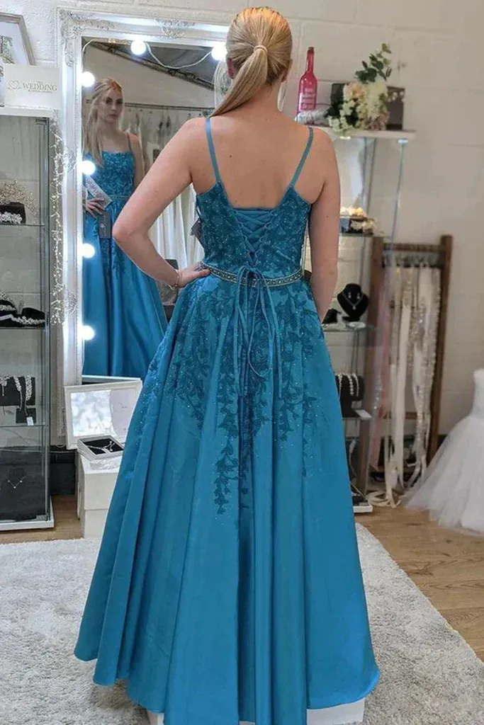 Blue A-Line Lace Appliques Long Prom Dress Formal Evening Dress,DP1416