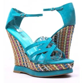 Blue Faux Leather Strappy Color Woven Platform Wedge Heel