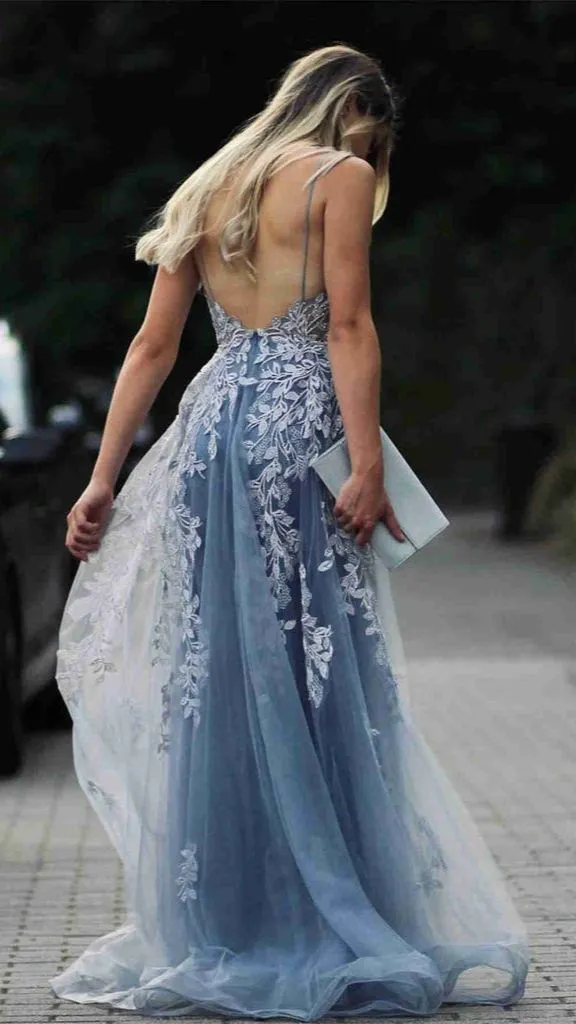 Blue Tulle Appliques Prom Dress Long Party Dress,DP1031