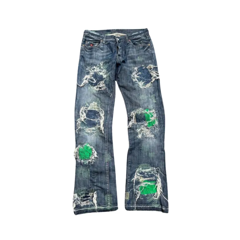 Blue/Green Extreme  STUDIOPOLYVALENT  Distressed/Stitched Denim