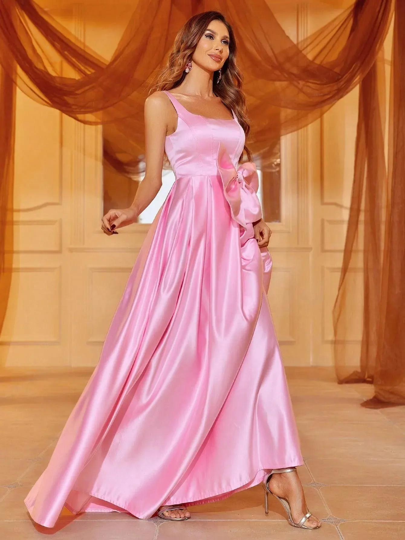 Bow Front Square Neck Sleeveless Satin Dress