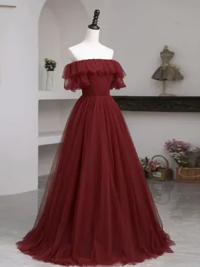 Burgundy A-Line Off Shoulder Tulle Formal Prom Dress Evening Gown,DP1076