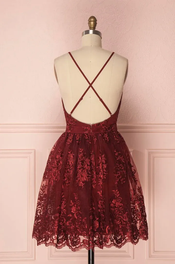 Burgundy Deep V Neck Straps Lace Short Party Dress Homecoming Dress,DP1738