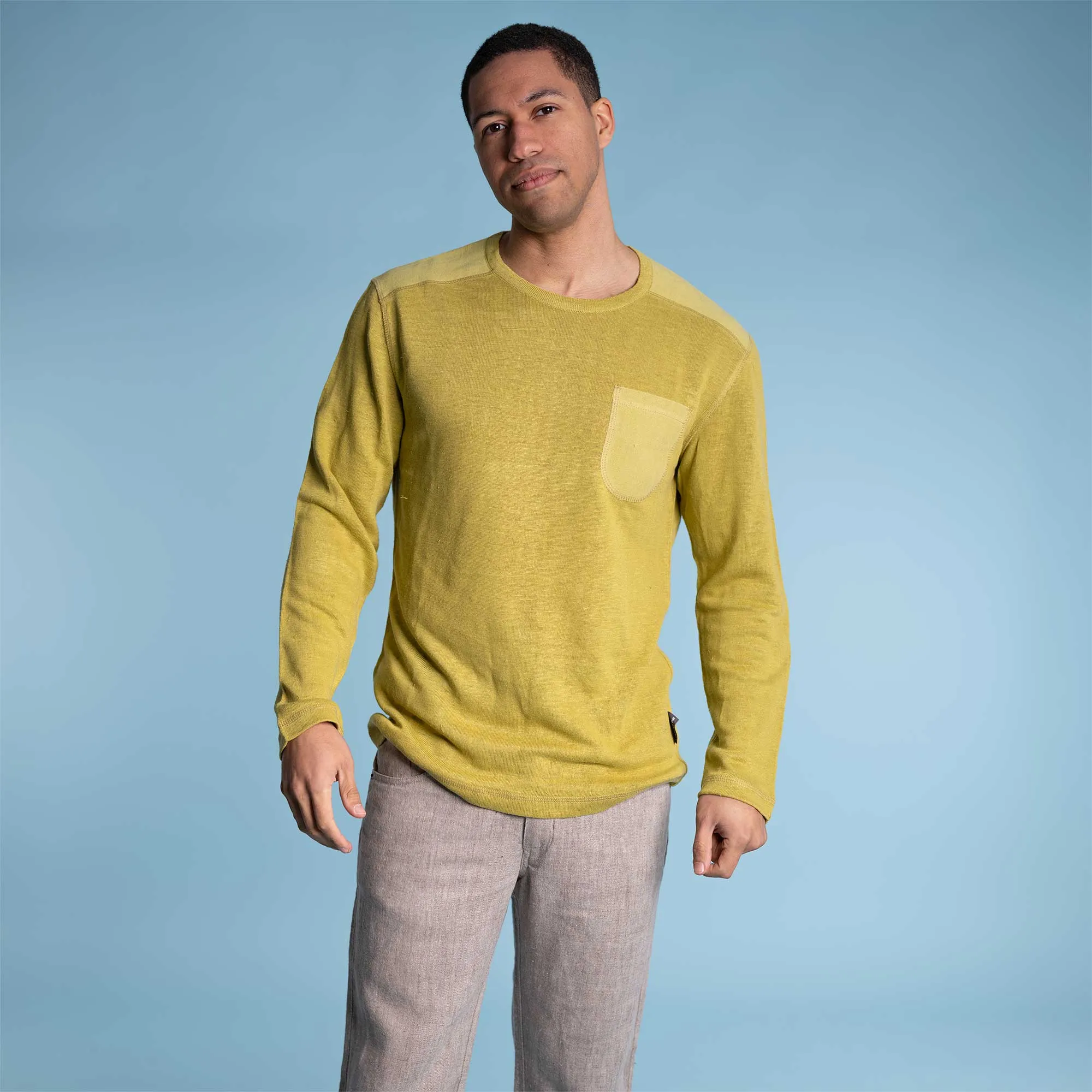 CAMBRIDGE Long-Sleeved 100% Organic Hemp Knit Shirt with Pocket (Plastic-free, Elastic-free, Latex-free) (100% Biodegradable OC Thread Option)