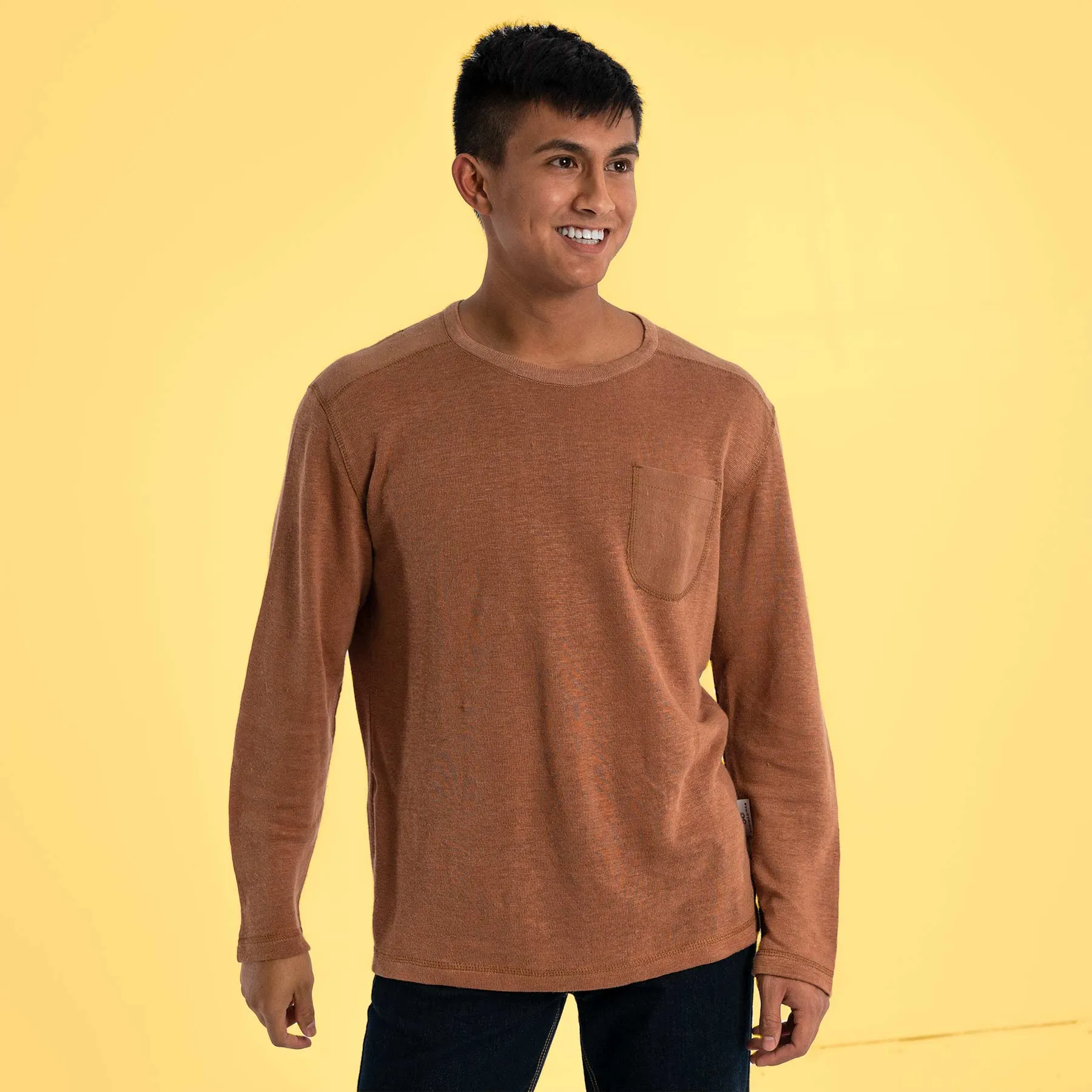 CAMBRIDGE Long-Sleeved 100% Organic Hemp Knit Shirt with Pocket (Plastic-free, Elastic-free, Latex-free) (100% Biodegradable OC Thread Option)