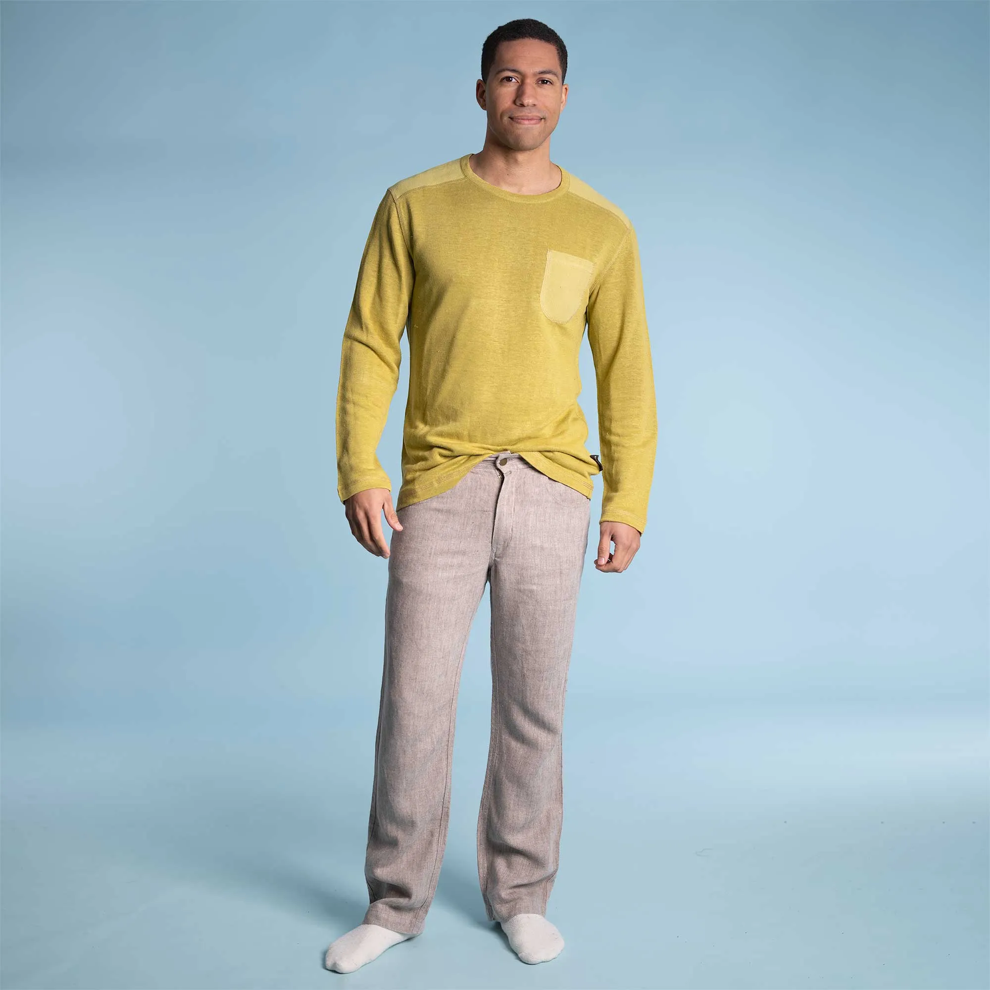 CAMBRIDGE Long-Sleeved 100% Organic Hemp Knit Shirt with Pocket (Plastic-free, Elastic-free, Latex-free) (100% Biodegradable OC Thread Option)