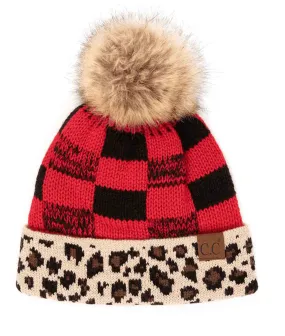 C.C Buffalo Check Beanie with Leopard Pattern Band-HAT-2084