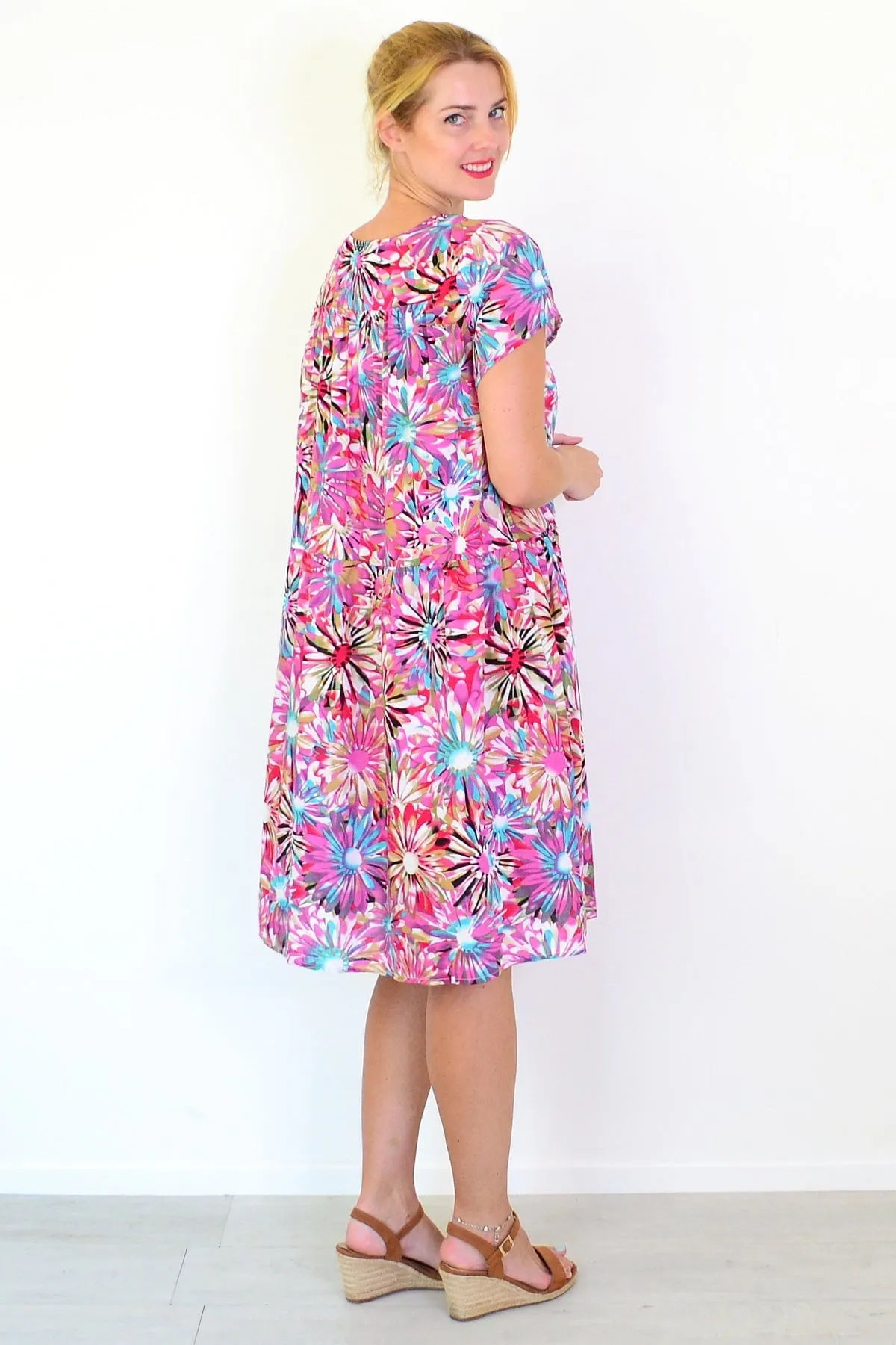 Colourful Flowers Print Peasant Tunic Dress