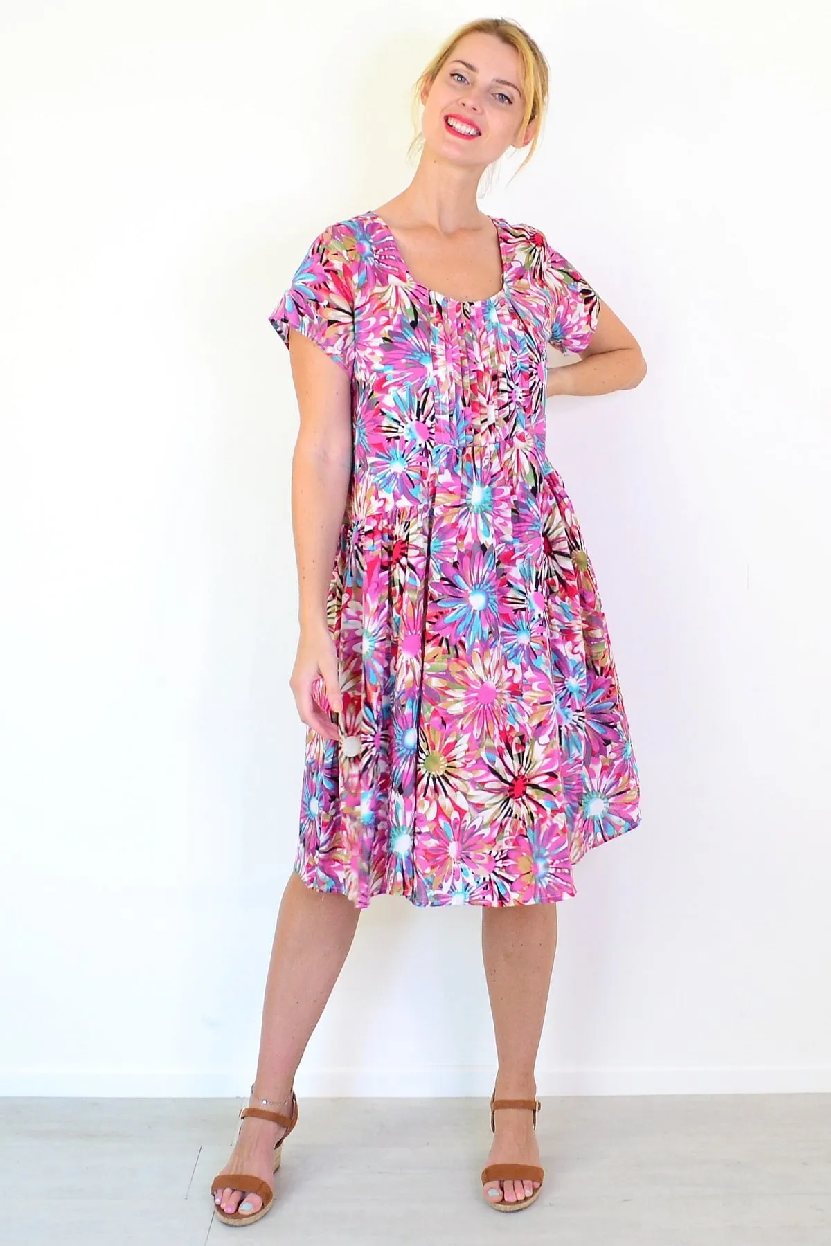 Colourful Flowers Print Peasant Tunic Dress