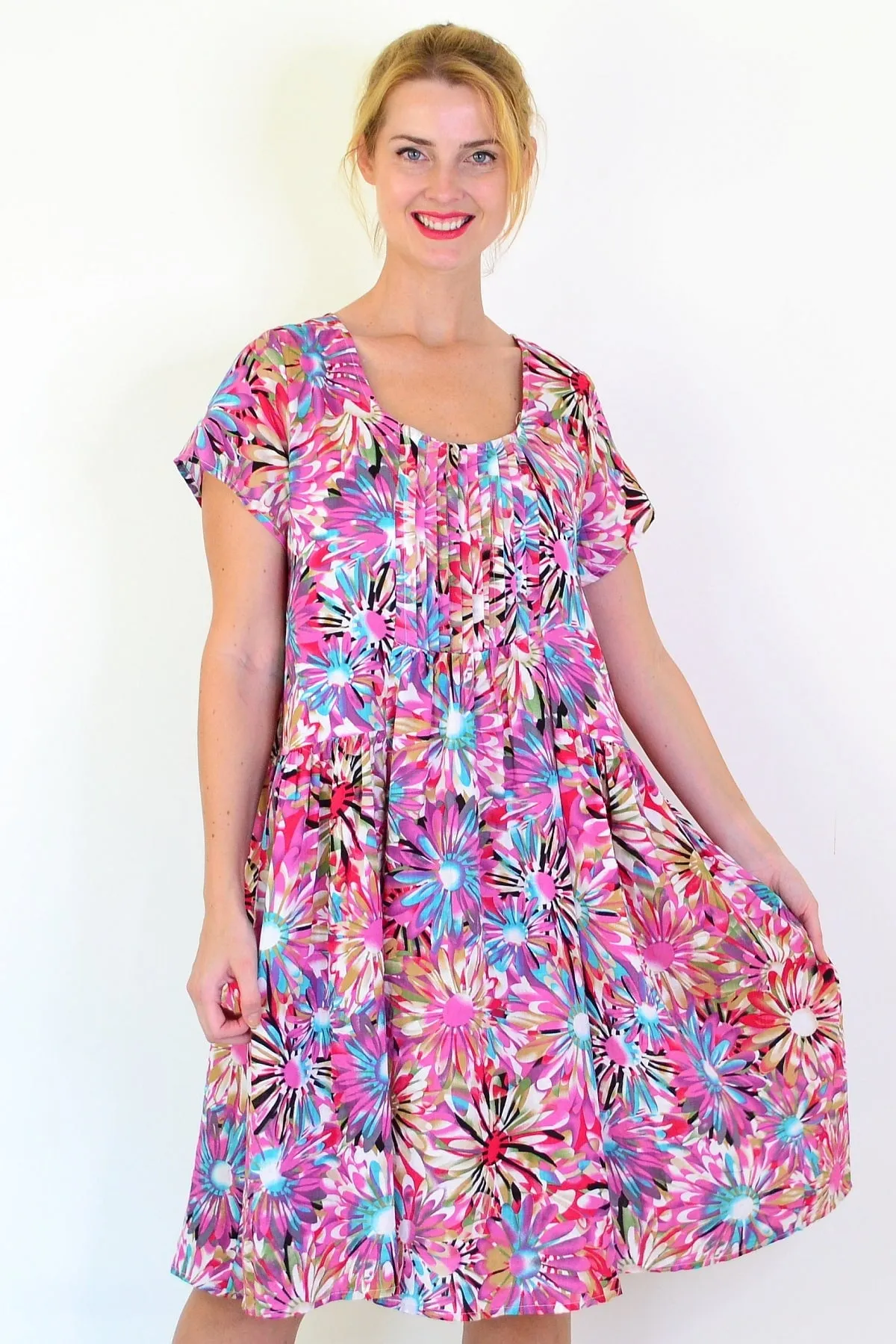 Colourful Flowers Print Peasant Tunic Dress