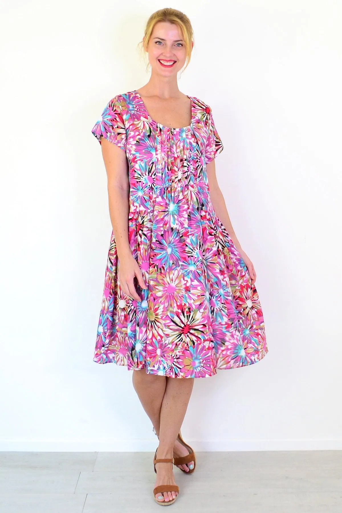 Colourful Flowers Print Peasant Tunic Dress