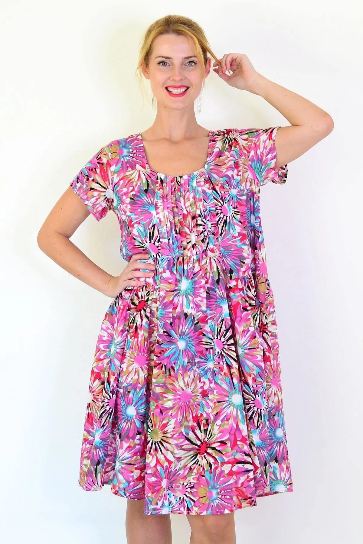 Colourful Flowers Print Peasant Tunic Dress