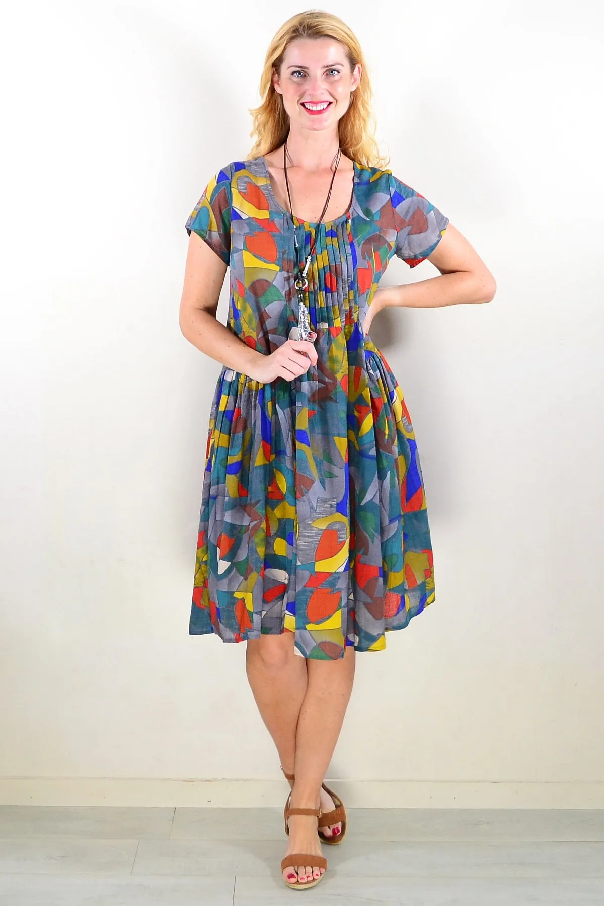 Colourful Grey Pintuck Pleats Tunic Dress