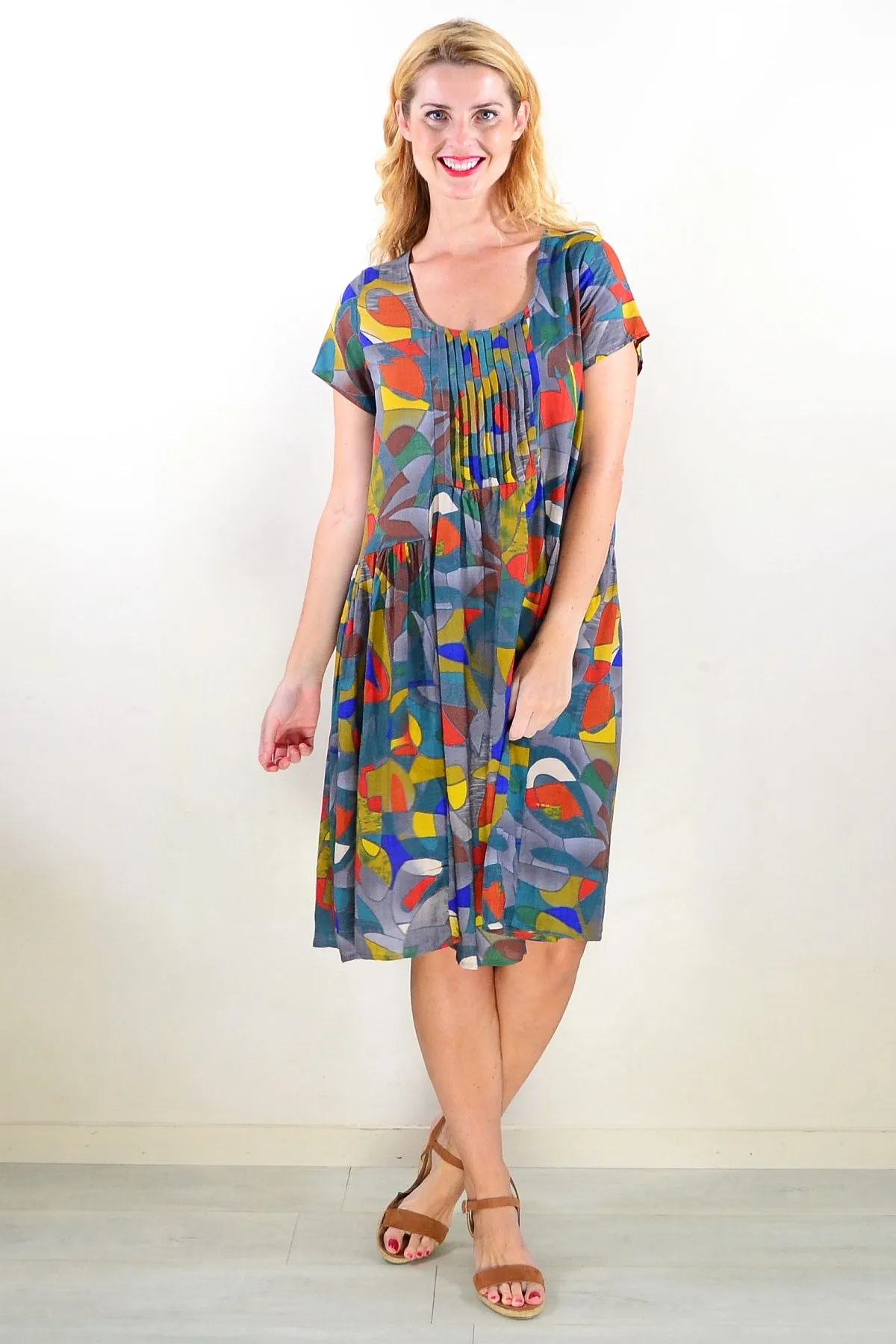 Colourful Grey Pintuck Pleats Tunic Dress