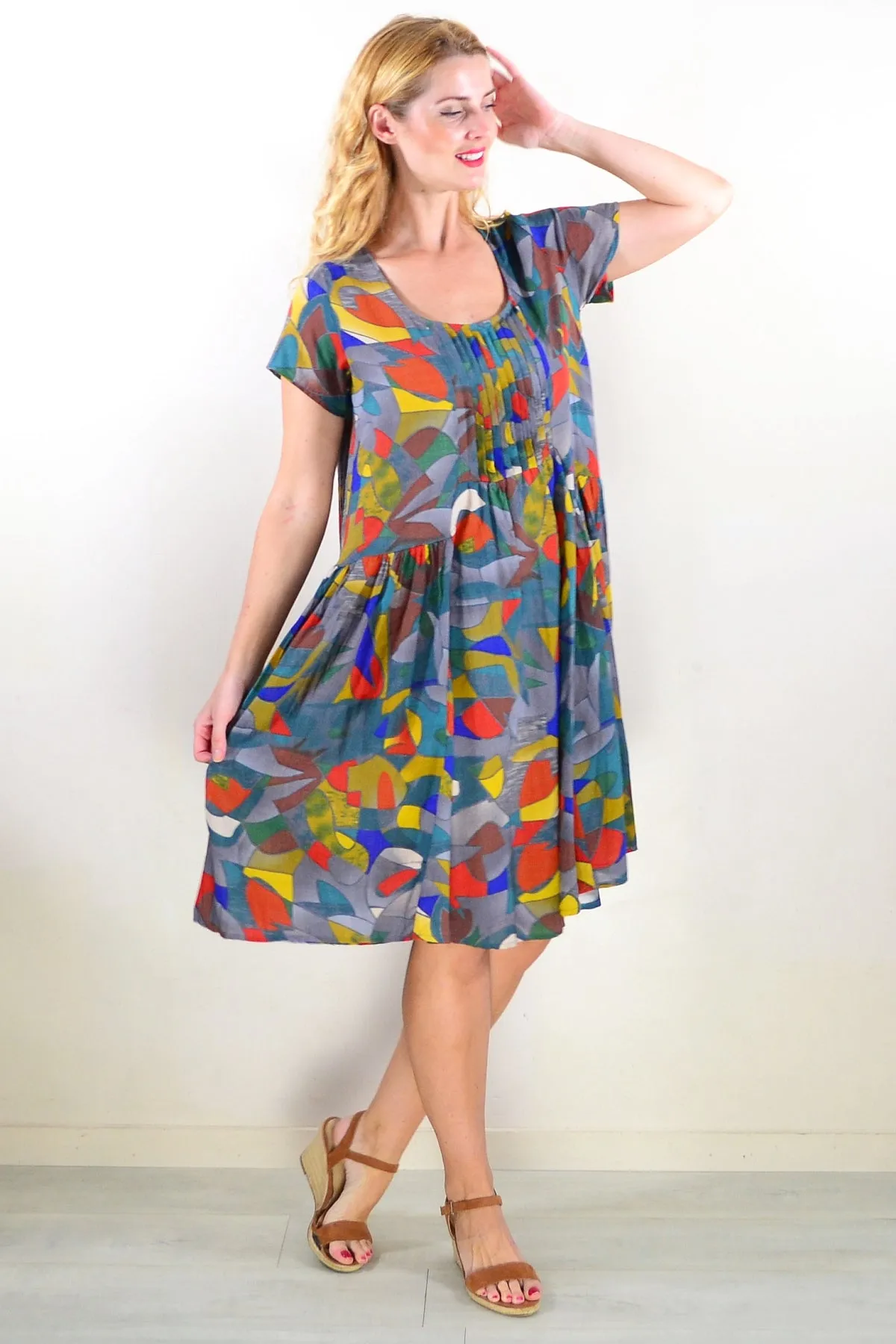 Colourful Grey Pintuck Pleats Tunic Dress