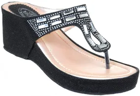 Crystal Bling Mesh Vegan Suede Wedge Flip Flop Sandal Black