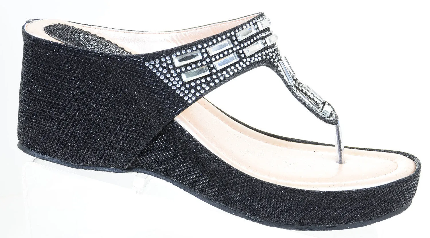 Crystal Bling Mesh Vegan Suede Wedge Flip Flop Sandal Black