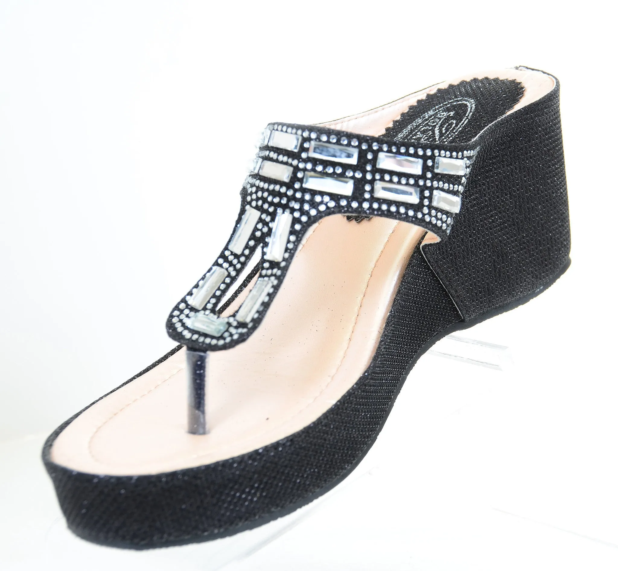 Crystal Bling Mesh Vegan Suede Wedge Flip Flop Sandal Black