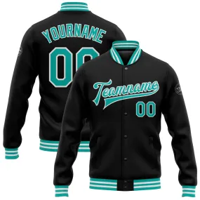 Custom Black Aqua-White Bomber Full-Snap Varsity Letterman Jacket