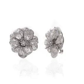 Double Rose Silvertone Large Clip Earrings