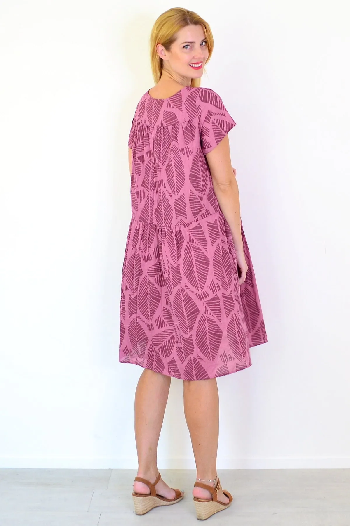 Dusty Pink Leaf Print Peasant Tunic Dress