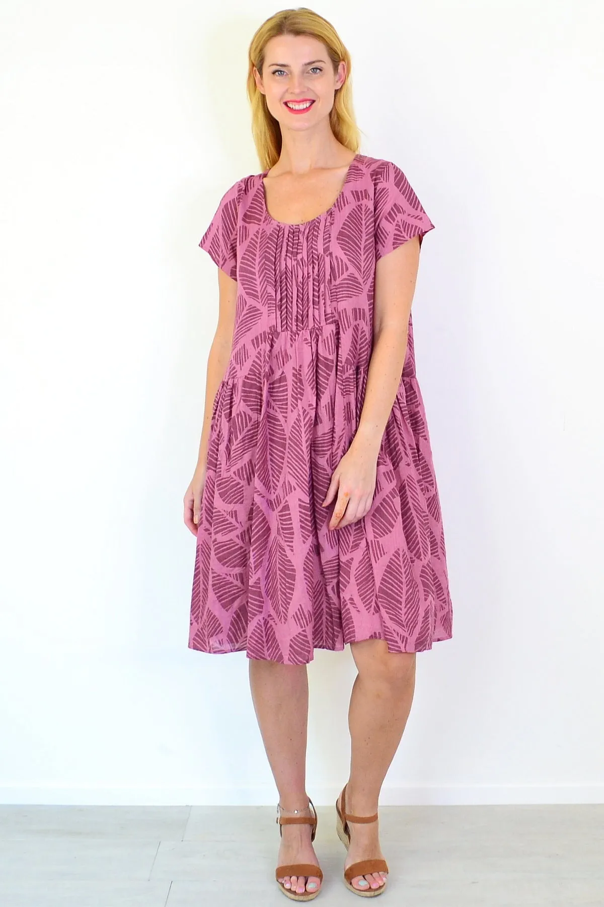 Dusty Pink Leaf Print Peasant Tunic Dress