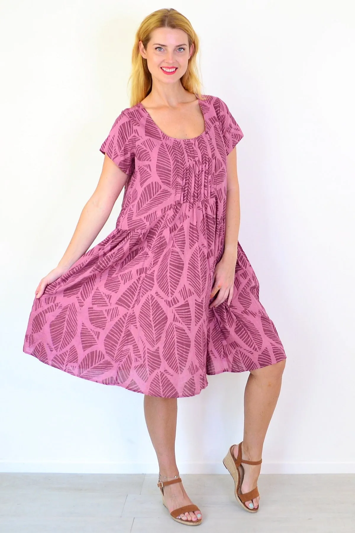 Dusty Pink Leaf Print Peasant Tunic Dress