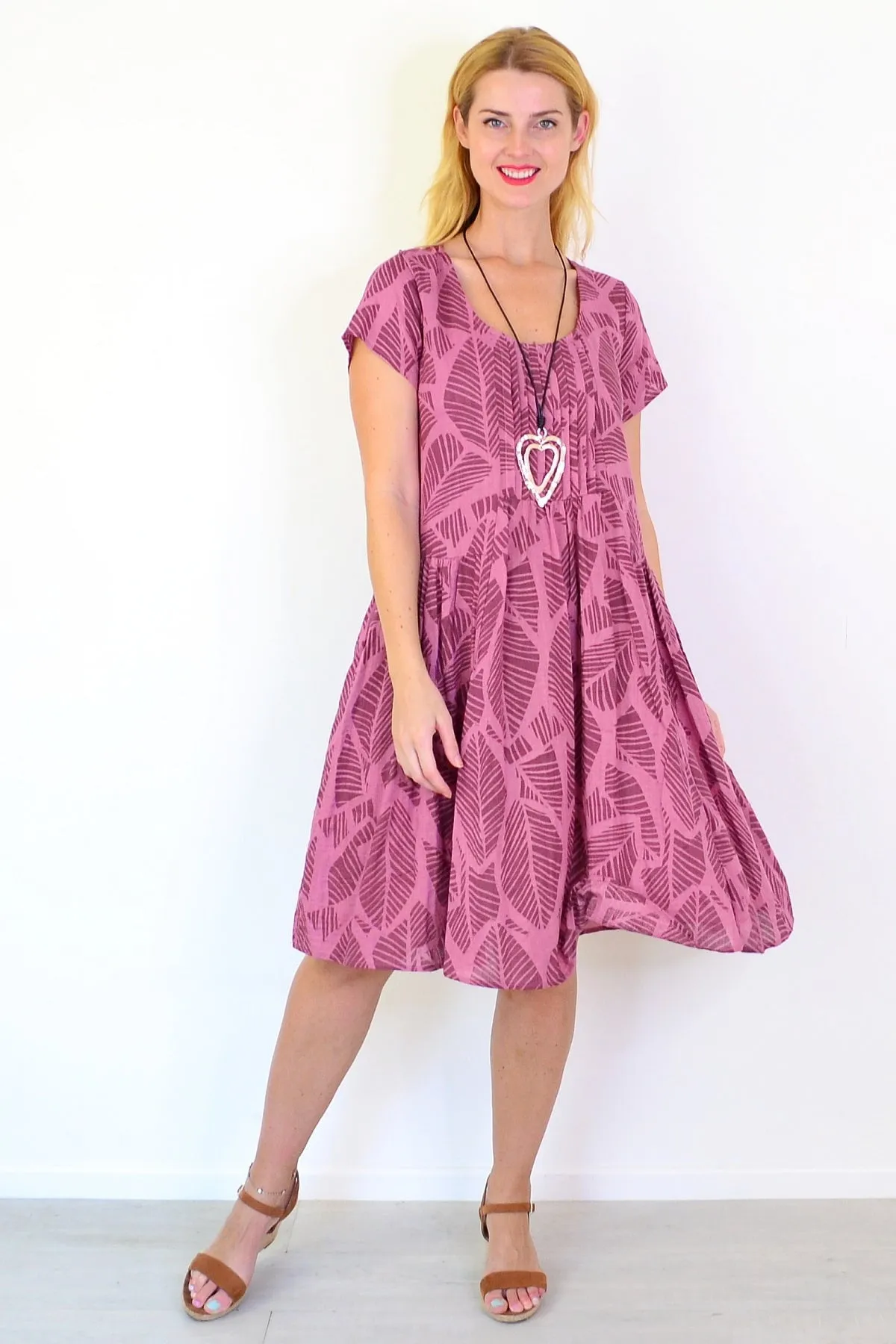 Dusty Pink Leaf Print Peasant Tunic Dress