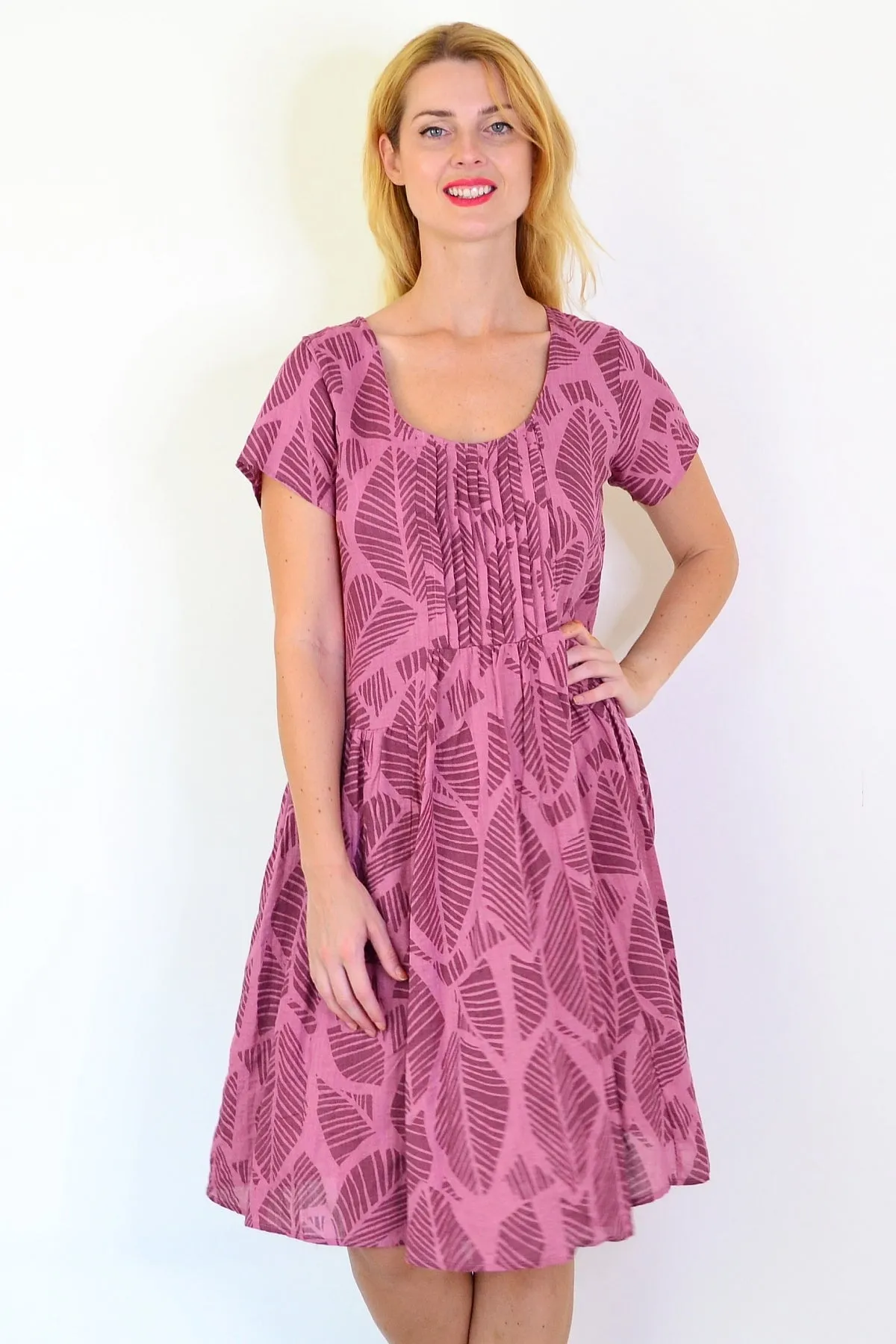 Dusty Pink Leaf Print Peasant Tunic Dress