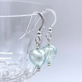 Earrings with aqua (blue) Murano glass mini heart drops on silver or gold hooks