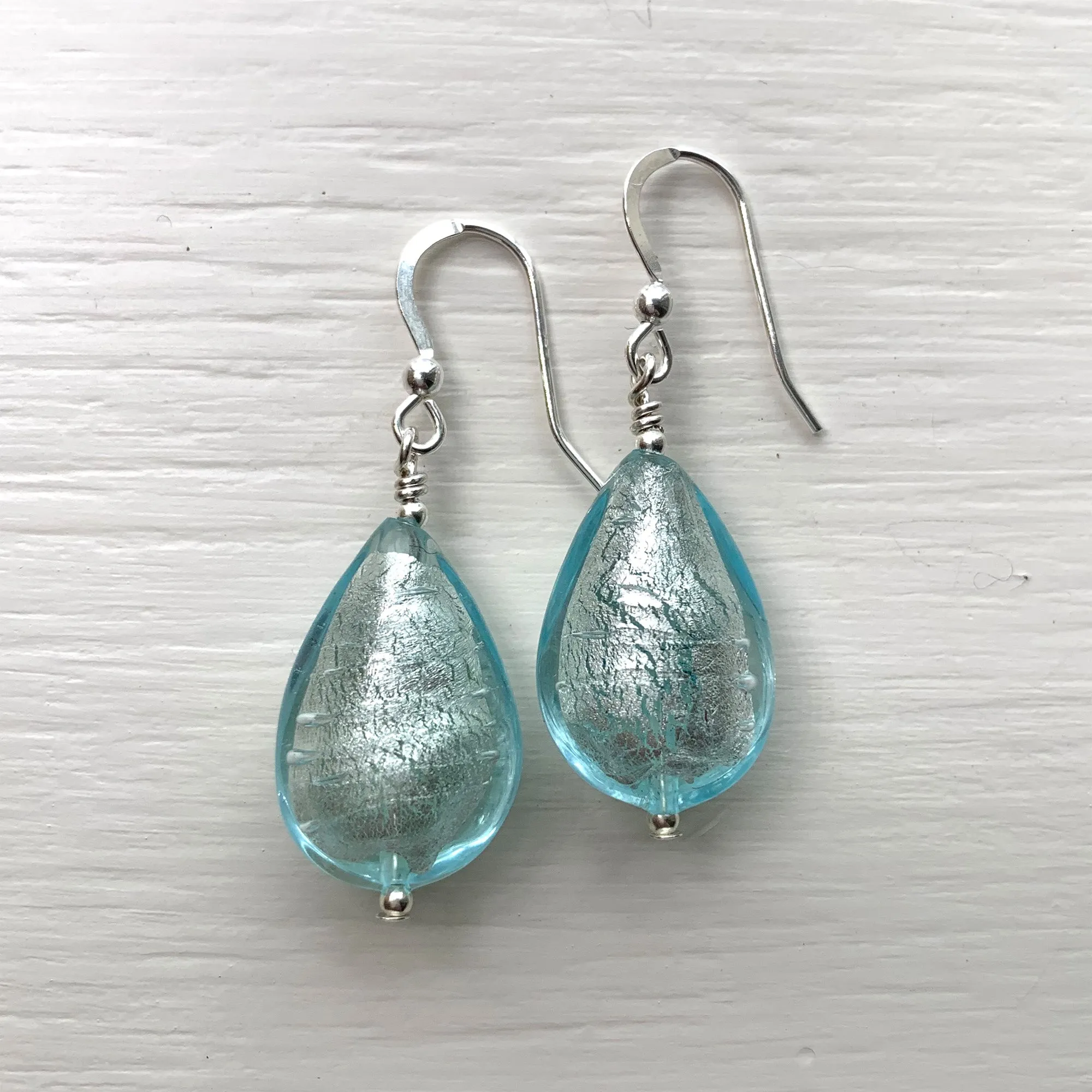 Earrings with aquamarine (blue) Murano glass medium pear drops on silver or gold hooks