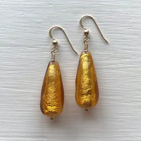 Earrings with gold topaz (amber, brown) Murano glass long pear drops on silver or gold