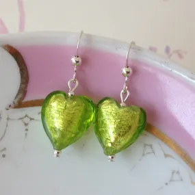 Earrings with light green (lime, peridot) Murano glass heart drops on silver or gold