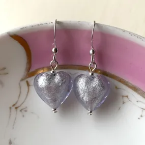 Earrings with lilac (purple) Murano glass small heart drops on silver or gold hooks