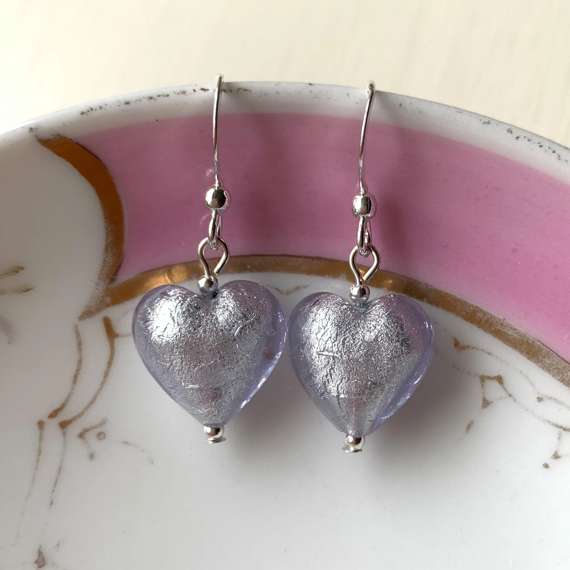 Earrings with lilac (purple) Murano glass small heart drops on silver or gold hooks