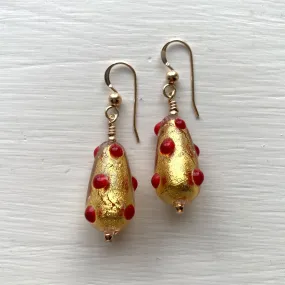 Earrings with red spots over gold Murano glass short pear drops on silver or gold hooks