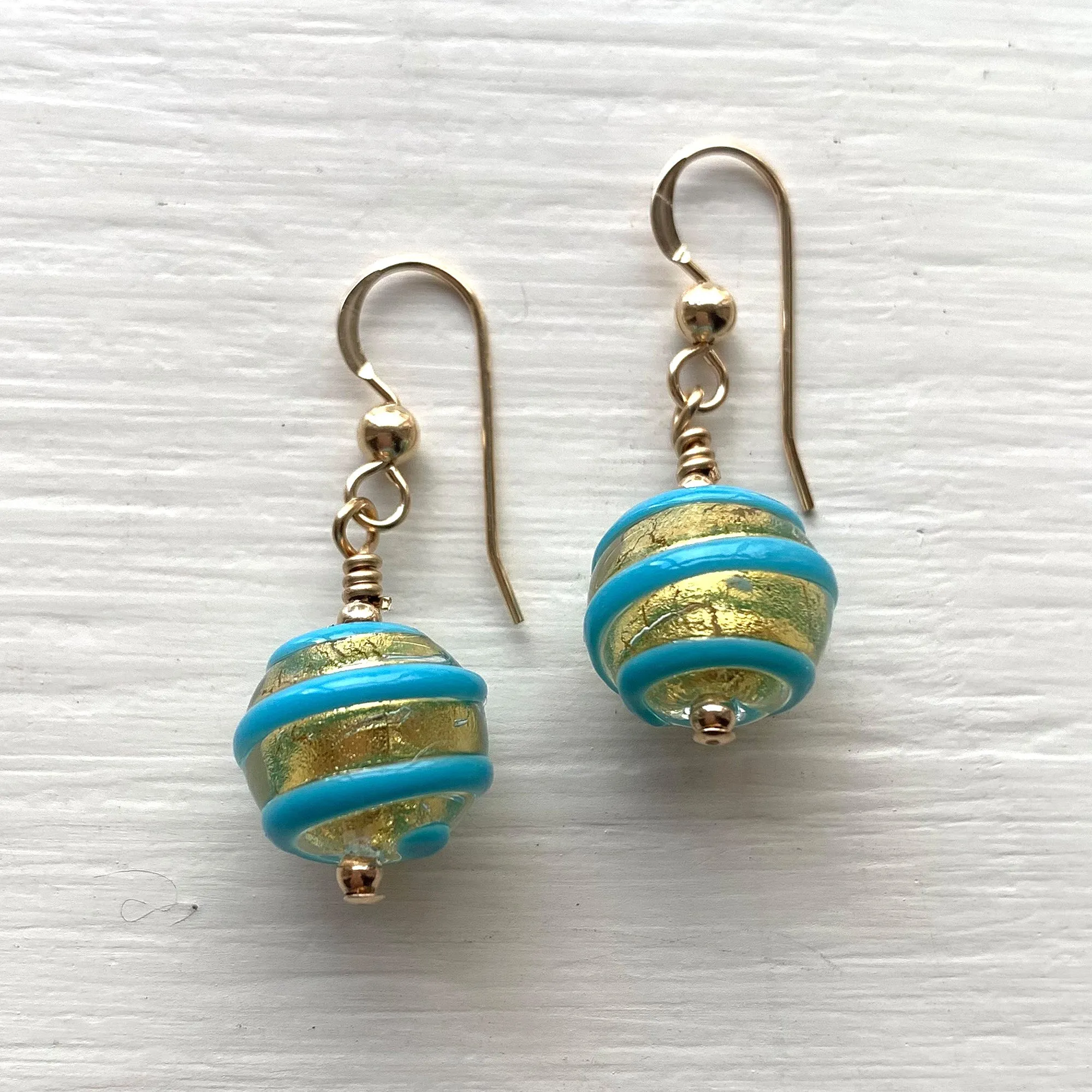 Earrings with turquoise (blue) appliqué spiral over gold Murano glass mini sphere drops on silver or gold