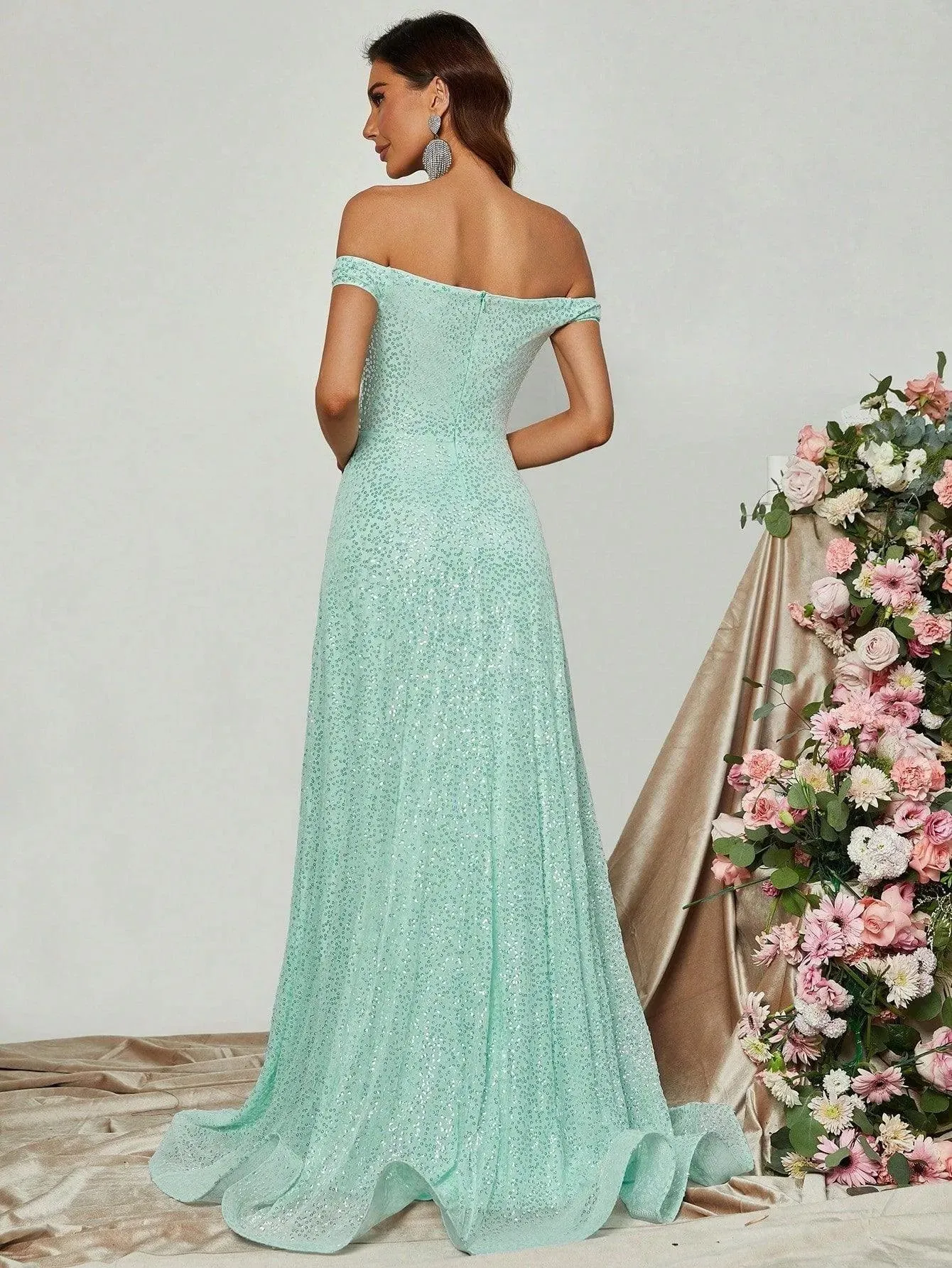 Elegant Sweetheart Neck Off Shoulder Sequin A Line Dress