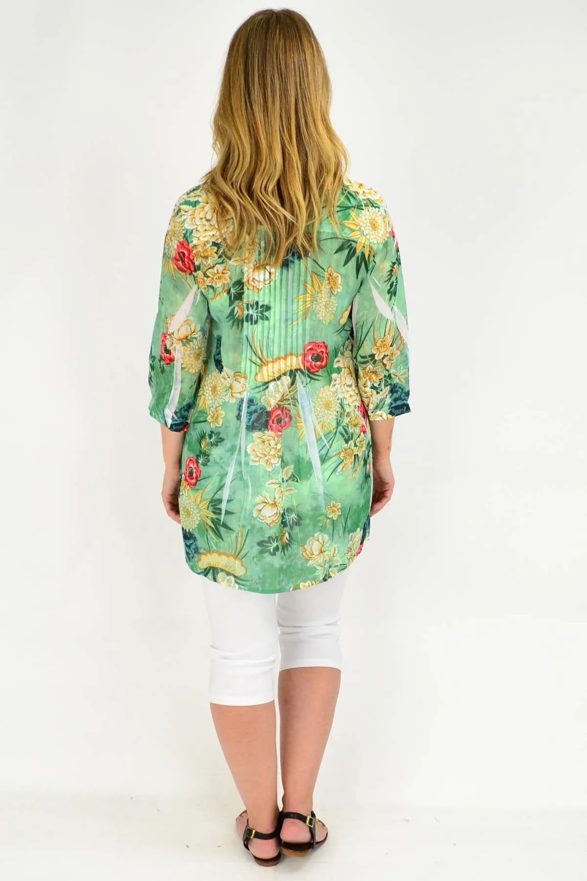 Green Floral Pleated Tunic Shirt